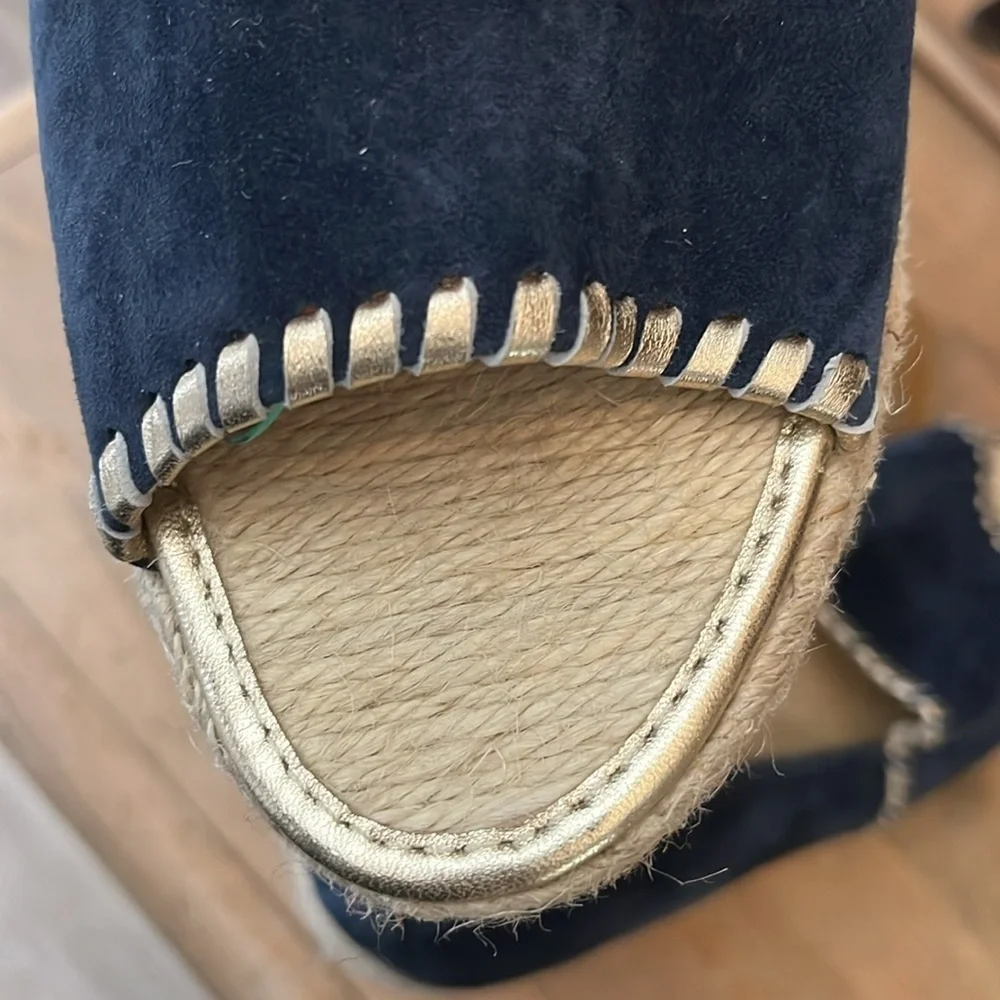 Jack Rogers Palmer Wedge Espadrilles Blue Suede Gold Trim Size 10 Peep Toes